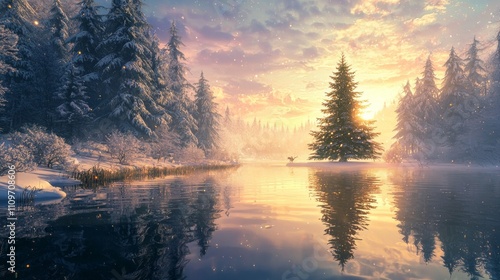Wallpaper Mural Enchanted Winter Pond with Giant Christmas Tree Reflection at Dawn | Magical Creatures in Tranquil Setting | Ultra-Detailed Torontodigital.ca