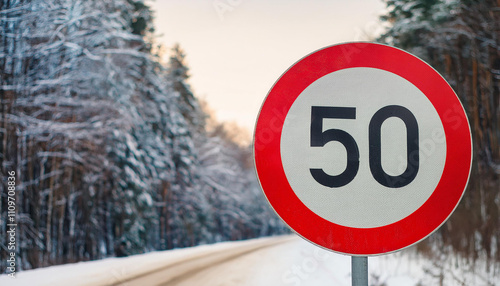 Round traffic sign 50 km/h maximum, speed limit for speeding vehicles. Winter snowy background. photo