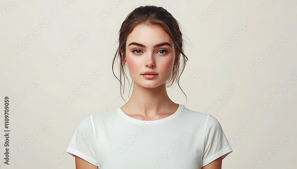 Clear and crisp frontal view of a female model in a white tee, isolated on a light background, high-definition Clear and crisp frontal view of a female model in a white tee, isolated on a light background, high-definition