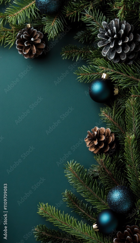 Christmas decorations with pine branches and ornaments on dark green background Christmas decorations with pine branches and ornaments on dark green background