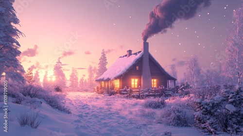 A Cozy Cabin in a Snowy Forest at Sunset