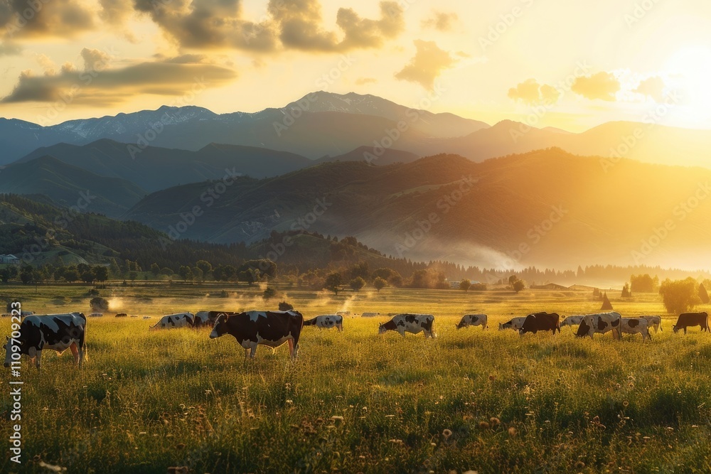 Cows in meadow at sunset with mountains in background. Cows in meadow at sunset with mountains in background.
