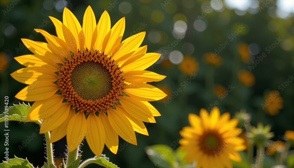 Naklejka premium Vibrant sunflower in sunlight with blurred green background 