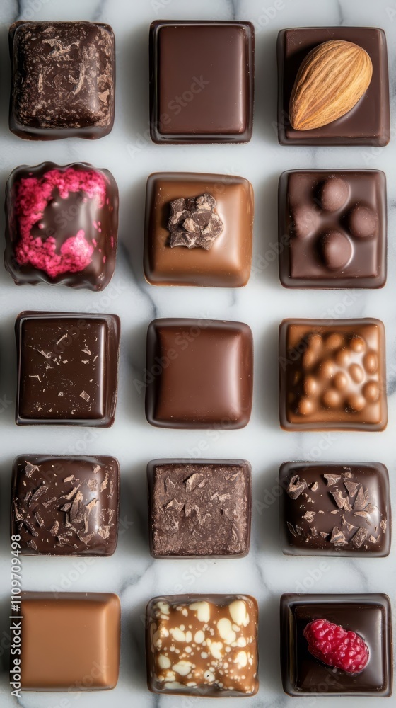 Assorted gourmet chocolates on display. Assorted gourmet chocolates on display.