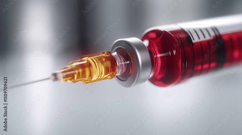 Medical Syringe Filled with Red Drug, on a White Background Medical Syringe Filled with Red Drug, on a White Background