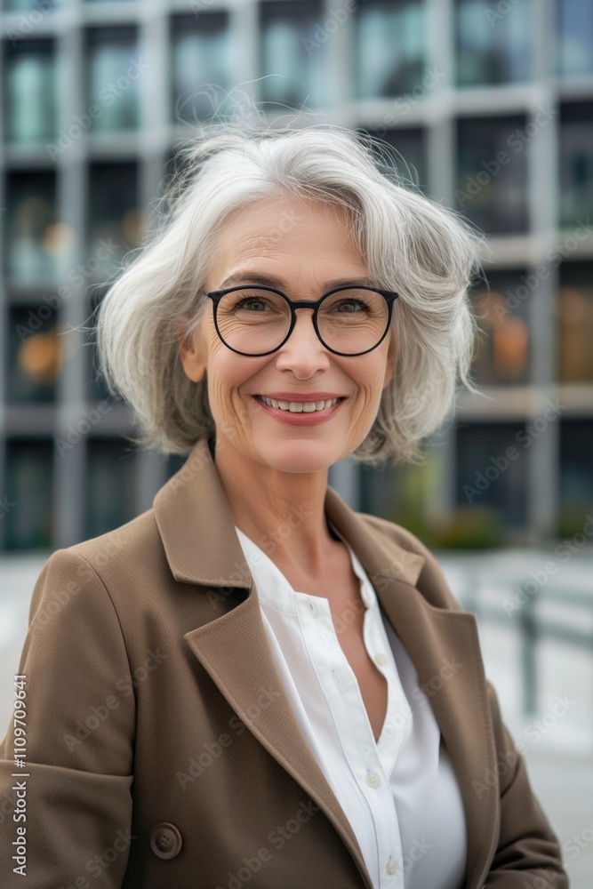 A woman wearing glasses and a brown coat is smiling. She is wearing a white shirt underneath her coat A woman wearing glasses and a brown coat is smiling. She is wearing a white shirt underneath her coat