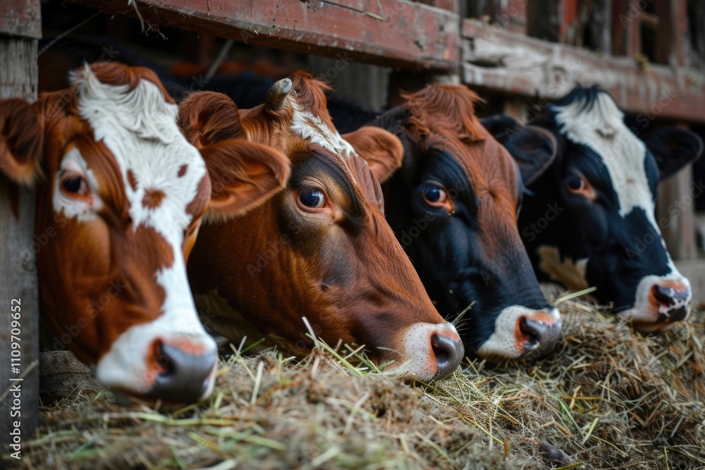 Portrait cows red jersey stand in stall eating hay. Dairy farm livestock industry. Portrait cows red jersey stand in stall eating hay. Dairy farm livestock industry.