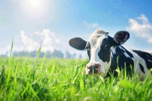 Panoramic view of black and white cow on green grass. photo