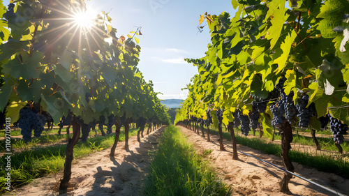 Sunlit vineyard in summer with ripe grapes. photo