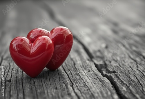 Two vibrant red hearts sit closely together on a textured wooden surface, creating a striking contrast between the shiny finish of the hearts and the rustic, weathered wood. This image radiates warmth