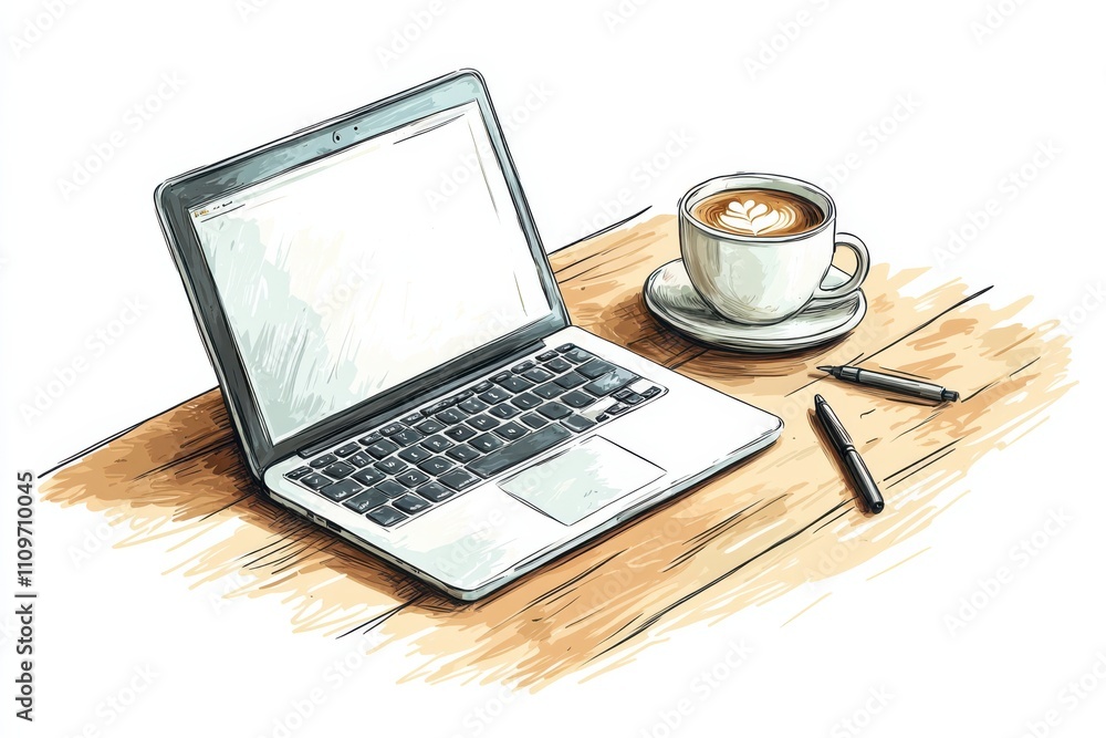Flat design illustration of an open laptop with coffee cup and pens on a clean workspace Flat design illustration of an open laptop with coffee cup and pens on a clean workspace