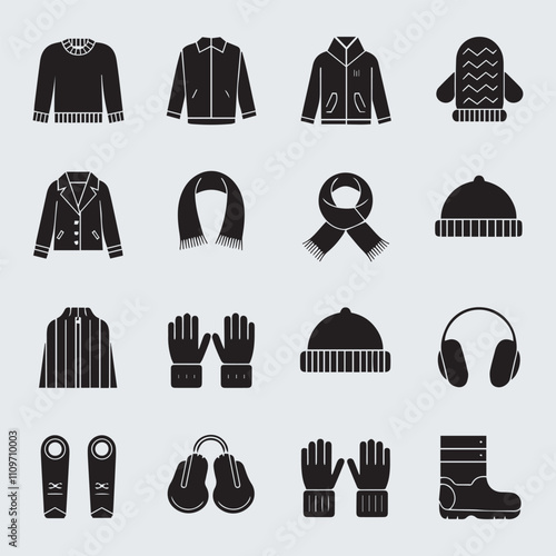 Set Of Linear Clothes And Accessories Icons Silhouette Vector 