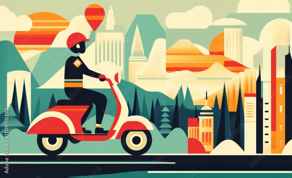 Naklejka premium Scenic flat illustration of a person riding a scooter by a tranquil lake with majestic mountains and a sunlit sky