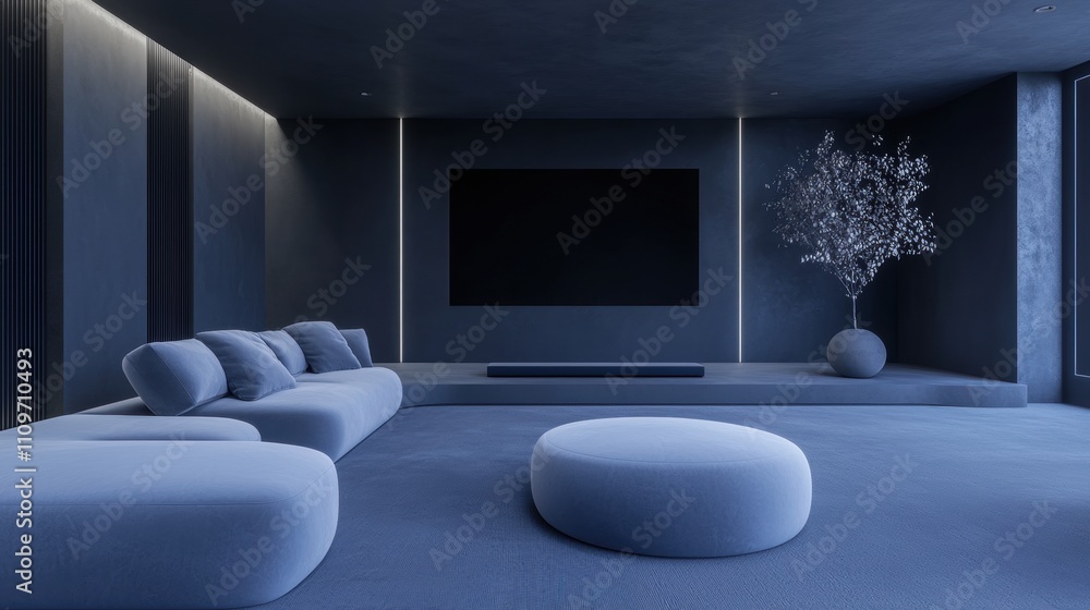 Modern living room with a minimalist design. the room has a dark blue color scheme with a large flat-screen tv mounted on the wall in the center of the room. Modern living room with a minimalist design. the room has a dark blue color scheme with a large flat-screen tv mounted on the wall in the center of the room.