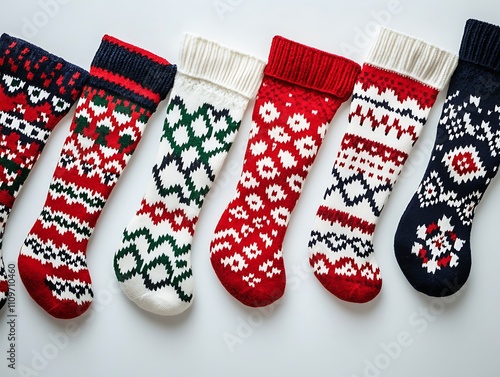 Close-up of traditional Nordic-patterned socks on a white background, top view, perfect for capturing the Christmas spirit, ultra HD quality