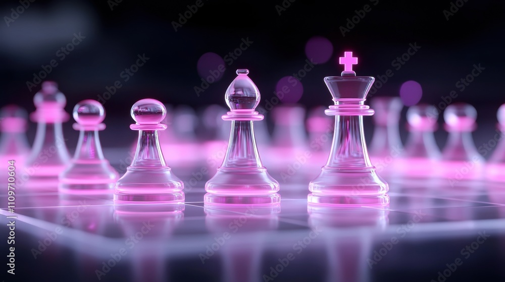 Group of chess pieces on a chessboard. the pieces are made of transparent glass and are arranged in a way that they are facing each other. Group of chess pieces on a chessboard. the pieces are made of transparent glass and are arranged in a way that they are facing each other.
