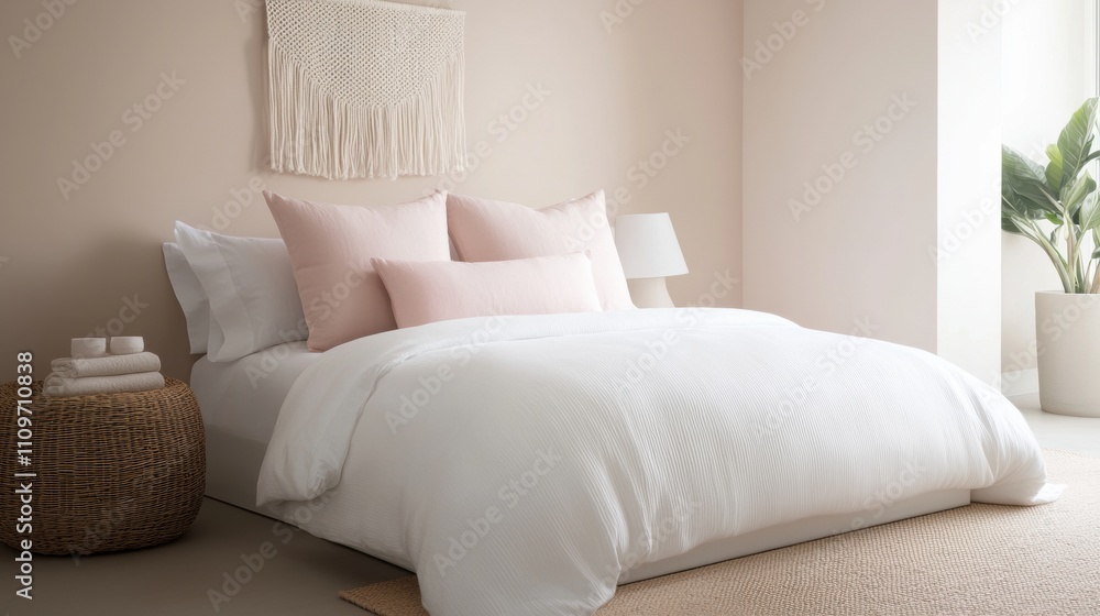 Modern and minimalistic bedroom with a large window on the right side. the bed is covered with a white comforter and several pink pillows. Modern and minimalistic bedroom with a large window on the right side. the bed is covered with a white comforter and several pink pillows.