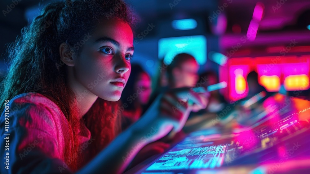 A young woman with a serious expression looks at a digital screen with her finger on the touch screen. A young woman with a serious expression looks at a digital screen with her finger on the touch screen.