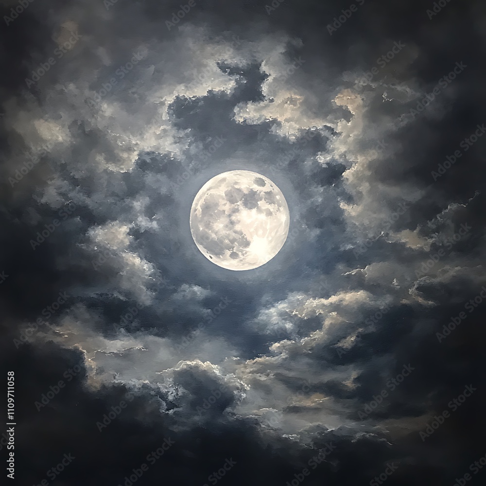 Obraz premium Full moon glowing brightly through scattered clouds in night sky image