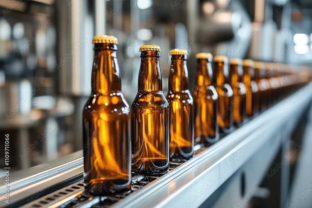 Beer bottles on a conveyor belt in brewery Beer bottles on a conveyor belt in brewery