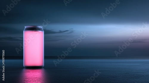 Tall, cylindrical object with a pink glow on its surface. it appears to be a can or a soda can, with a black lid and a handle on top.