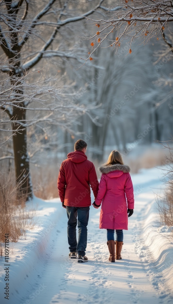 Naklejka premium A couple strolls hand in hand down a snow-covered path, surrounded by frosted trees that glisten in the soft winter light. Their vibrant winter attire—a red jacket and a pink coat—contrasts