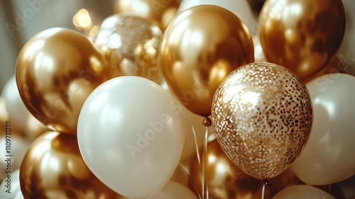 A close-up of shimmering golden balloons against a soft festive background. A vibrant and luxurious theme for celebrations and parties. Perfect for festive banners photo