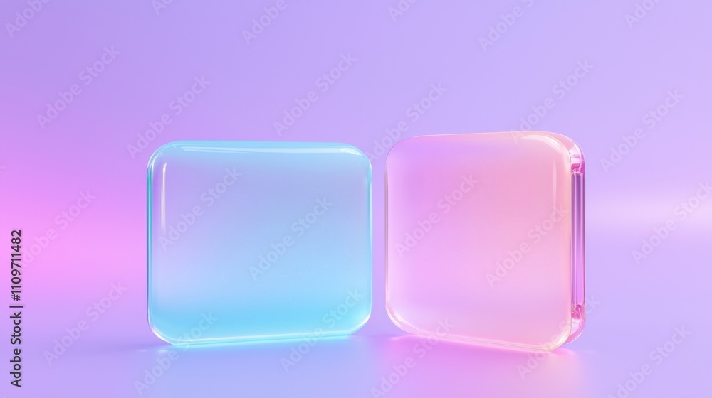 Two rectangular objects, one in blue and the other in pink, on a gradient background. the blue object is on the left side of the image and is slightly larger than the pink object on the right side. Two rectangular objects, one in blue and the other in pink, on a gradient background. the blue object is on the left side of the image and is slightly larger than the pink object on the right side.
