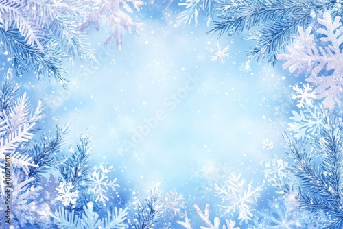 Glittering snowflakes on a light blue background creating a magical winter wonderland scene with sparkling bokeh lights