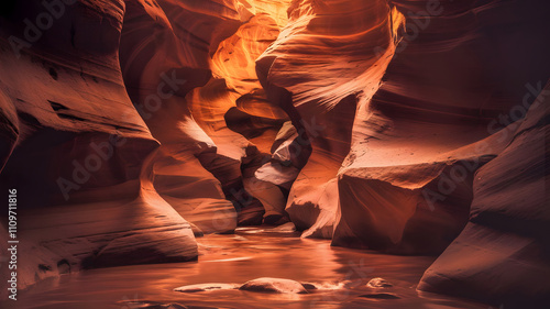 Majestic canyon with warm, glowing sunlight. photo