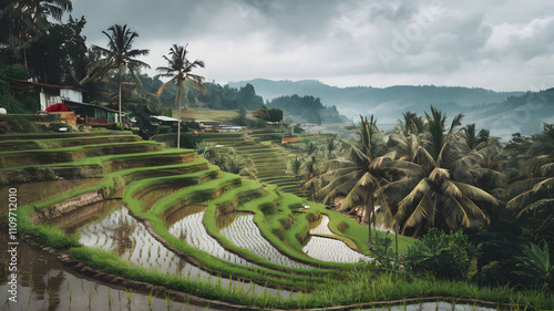 Lush rice terraces in Southeast Asia under a cloudy sky. photo