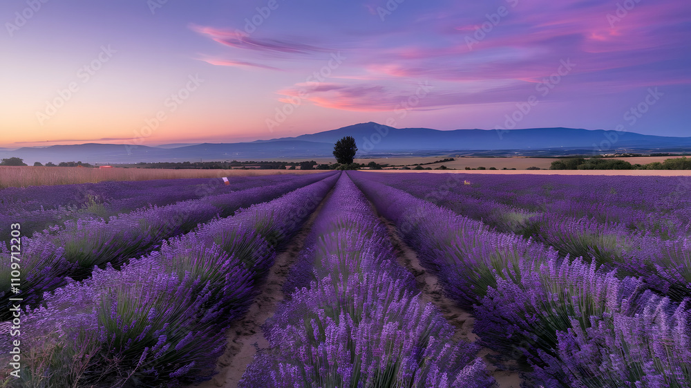 Fototapeta premium Lavender fields stretching into the horizon at dusk.