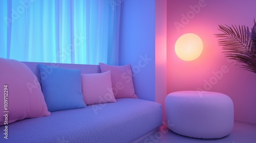 Modern living room with a blue and pink color scheme. on the left side of the image, there is a gray sofa with several pink and blue throw pillows on it.