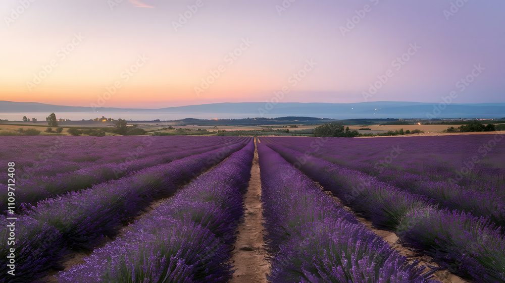 Lavender fields stretching into the horizon at dusk. Lavender fields stretching into the horizon at dusk.