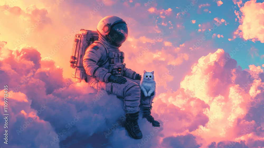 Astronaut Sitting with Cat Among Pink Clouds in Space Astronaut Sitting with Cat Among Pink Clouds in Space
