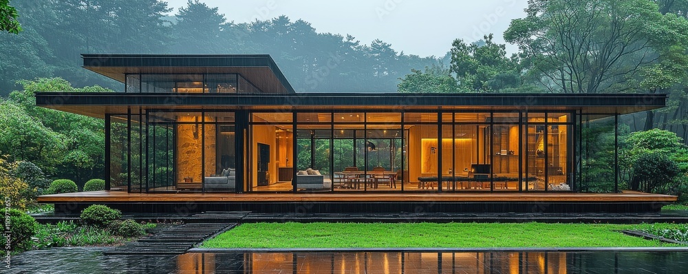 Modern glass and wood pavilion nestled in lush green forest Modern glass and wood pavilion nestled in lush green forest