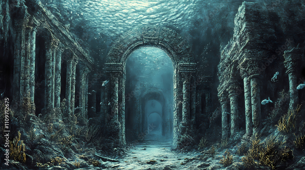 The discovery of ancient treasures hidden in the depths of a sea mountain's labyrinthine underwater tunnels ai_generated. Labyrinthine. Illustration The discovery of ancient treasures hidden in the depths of a sea mountain's labyrinthine underwater tunnels ai_generated. Labyrinthine. Illustration