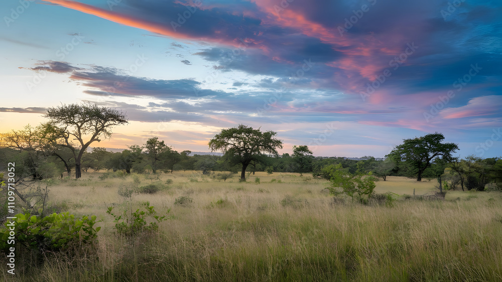 Obraz premium Grassy savanna with scattered trees under a vibrant sky.