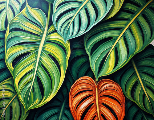 Wallpaper Mural Monstera leaves. Oil painting. Pattern for printing on wall decorations, covers, leaflets, business cards Torontodigital.ca