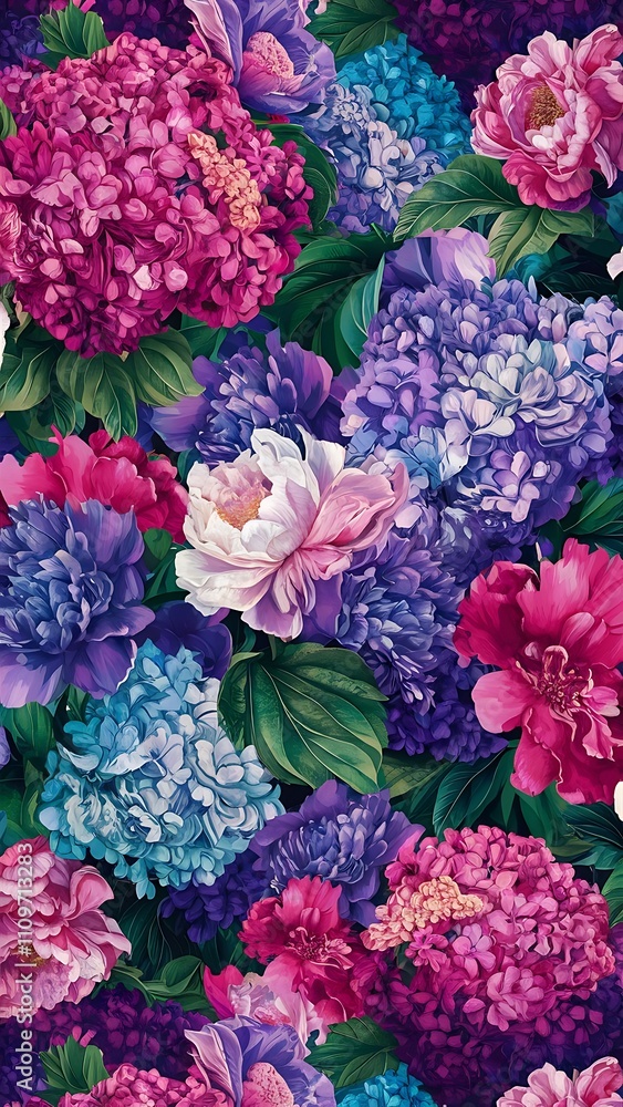 Obraz premium Beautiful and colorful hydrangea and peony vector seamless background