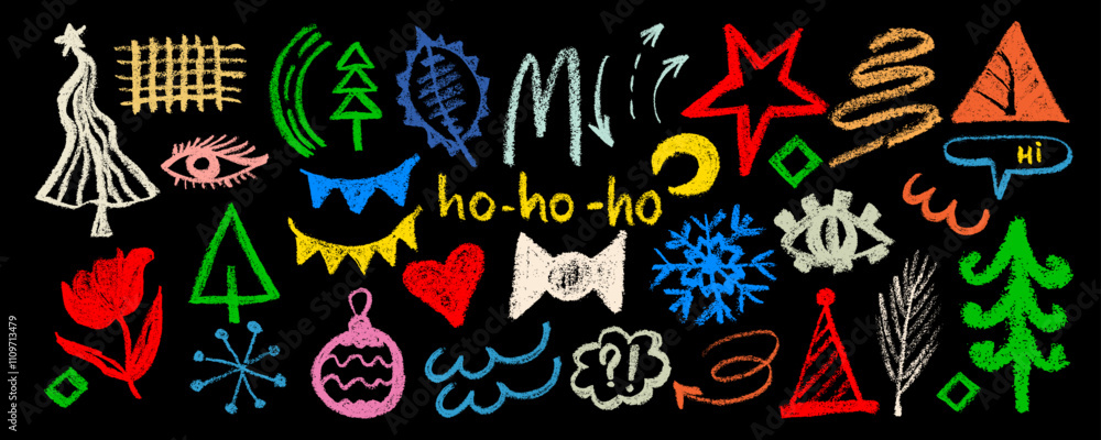 Set with colorful charcoal holidays elements. Hand drawn pencil lines, squiggles, stars and fir trees. Vector charcoal smears, swirls and doodle shapes. Set with colorful charcoal holidays elements. Hand drawn pencil lines, squiggles, stars and fir trees. Vector charcoal smears, swirls and doodle shapes.