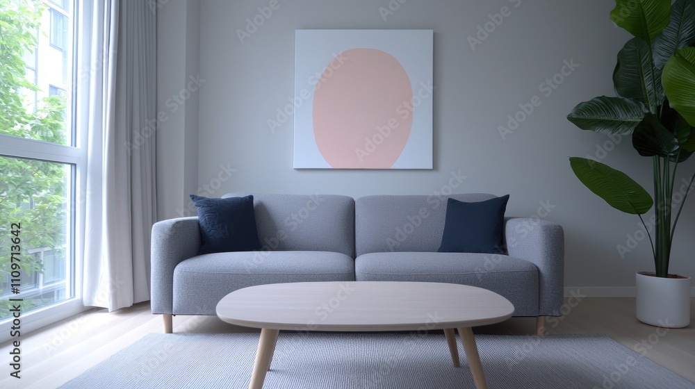Modern living room with a large window on the left side. the window has white curtains and offers a view of greenery outside. Modern living room with a large window on the left side. the window has white curtains and offers a view of greenery outside.