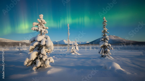 Frozen tundra with clear skies and auroras. photo