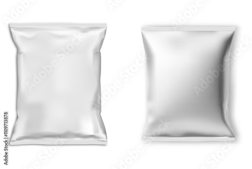 Plastic food bag vector blank. Snack package design illustration. Potato chips foil pillow bag. Shiny rectangle wrapping for soup or chocolate, with metallic protection. Candy packet, polythene paper