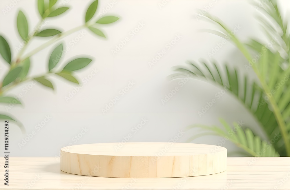 Wooden round podium with free place for your product. Green plants in pots in the background. Wooden round podium with free place for your product. Green plants in pots in the background.