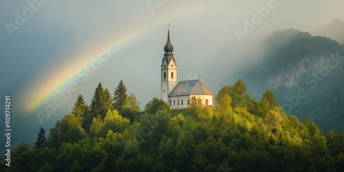 A rainbow is over a church on a hill. The scene is peaceful and serene. The church is surrounded by trees, and the sky is cloudy. The rainbow adds a touch of magic to the scene photo