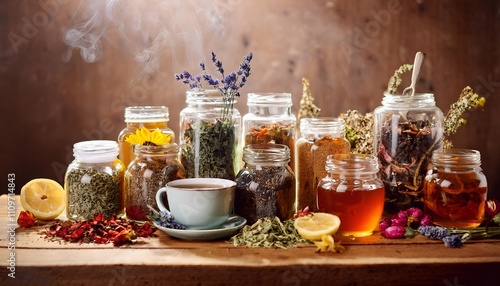 A warm cup of brewed herbal tea steams beside jars of colorful dried flowers. Fresh lemon adds a refreshing touch to this calming and aromatic setting. photo