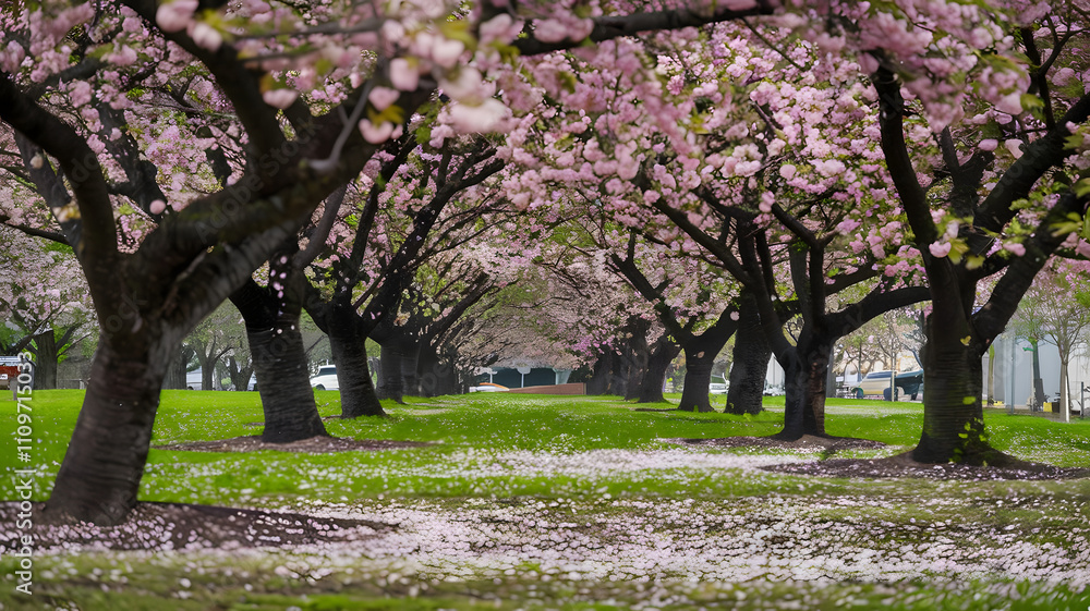 Blossoming cherry trees with petals scattered on the ground. Blossoming cherry trees with petals scattered on the ground.
