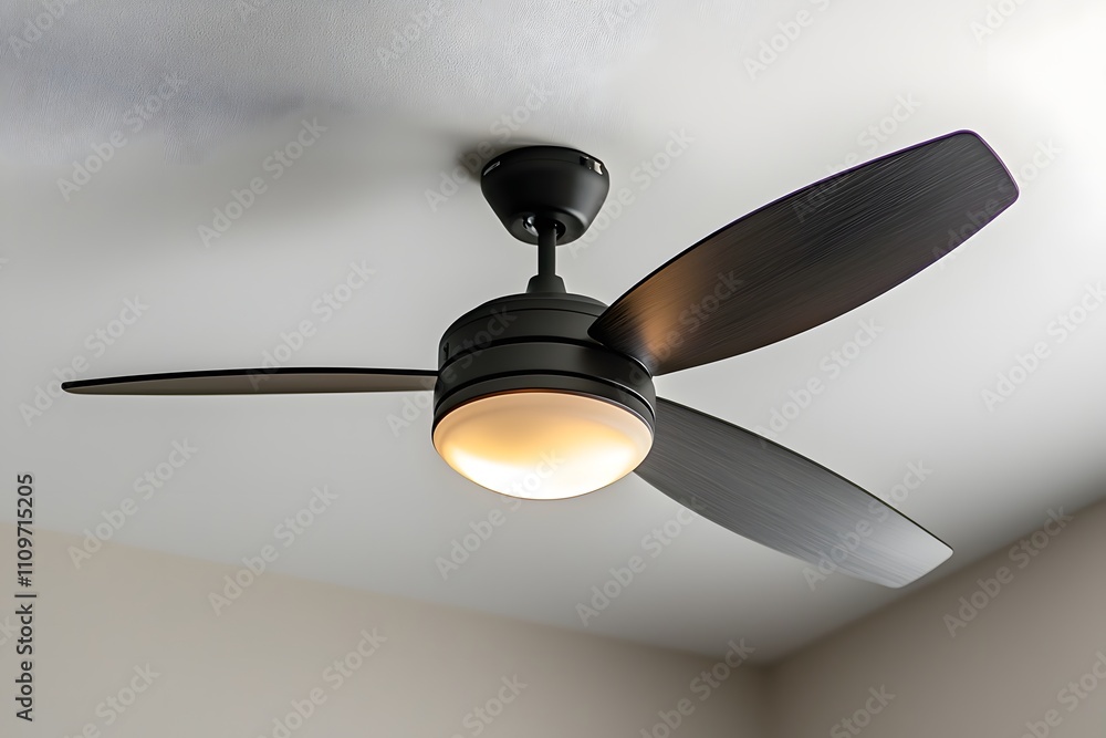 Stylish grey ceiling fan with LED lights on a soft beige background Stylish grey ceiling fan with LED lights on a soft beige background