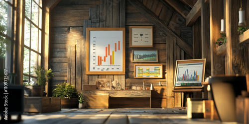 rustic wooden office with dynamic stock market charts.